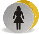 Brushed stainless disc female toilet  safety sign