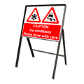 Caution ICY ROAD Stanchion Sign  safety sign