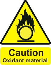 Caution Oxidant Material Oxidation pictogram with the text Oxidant material