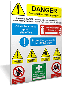 Construction Multi Sign 3 Danger, construction work in progress, plus mandatory and prohibition safety information