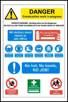 Construction Multi Sign 4 Danger, construction work in progress, plus mandatory and prohibition safety information