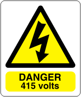 Danger 415 volts sign Electrical arc symbol with text 415 volts