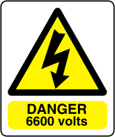 Danger 6600 volts sign Electrical arc symbol with text 6600 volts