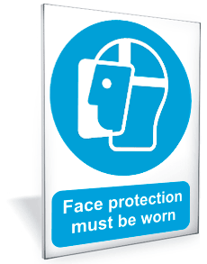 Face Protection must be worn outdoor sign Head and face protector pictogram with the text face protection must be worn