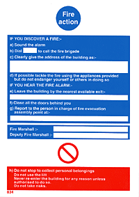 Fire Marshall Action sign Instructions if you discover a fire and who the Fire Marshall and Deputy Fire Marshall is