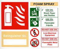 Foam Extinguisher sign Detailed useage instructions for use of Foam Spray based fire extinguisher plus fire extinguisher number
