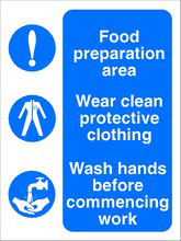Food Preparation Area sign Food preparation area, Wear clean protective clothing, wash hands before commencing work
