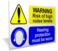 High noise sign Warning, risk of high noise levels, hearing protection must be worn
