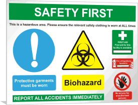 Lab multisign biohazard Biohazard, chemicals, irritant pictograms plus mandatory clothing requirements and first aid / fire equipment location