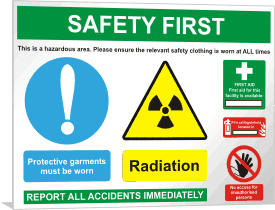 Lab multisign radiation2 Radiation pictogram plus mandatory clothing requirements and first aid / fire equipment location