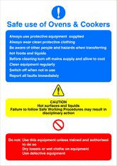 Ovens Safe Use sign Safe Use of ovens and cookers plus guidance instructions, cautionary warnings and prohibition instructions