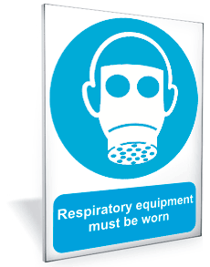 Respiratory equipment must be worn outdoor sign Head wearing respiratory pictogram with the text Respiratory equipment must be worn