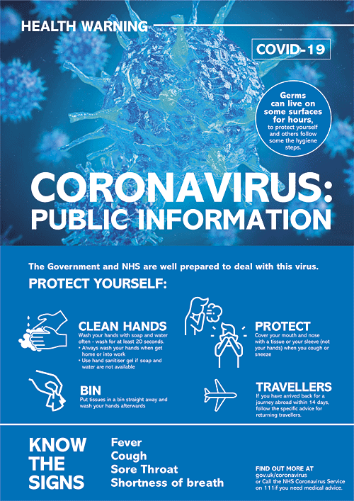 Covid 19 Public Information Poster Clean hands, Protect, Bin plus symptom awareness