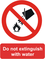 Do not extinguish with water Bucket and flames pictogram with the text do not extinguish with water
