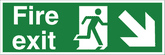 fire exit arrow down right HSE sign Large arrow pointing down and right, central 'running man', FIRE EXIT in text on left