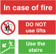 In case of fire No elevator, running man down stairs pictograms with the text In case of fire do not use elevators, use the stairs