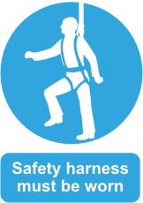 Safety harness must be worn Man and Harness pictogram with the text Safety harness must be worn